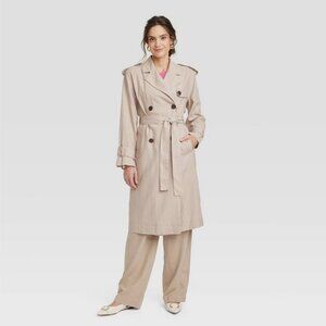 Women's Button Up Linen Trench Coat Jacket - A New Day Tan XL